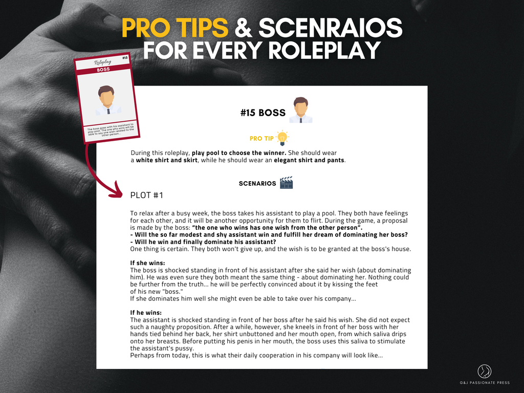 Sex Roleplay Cards preview showing pro tips and detailed scenario ideas for a boss roleplay card