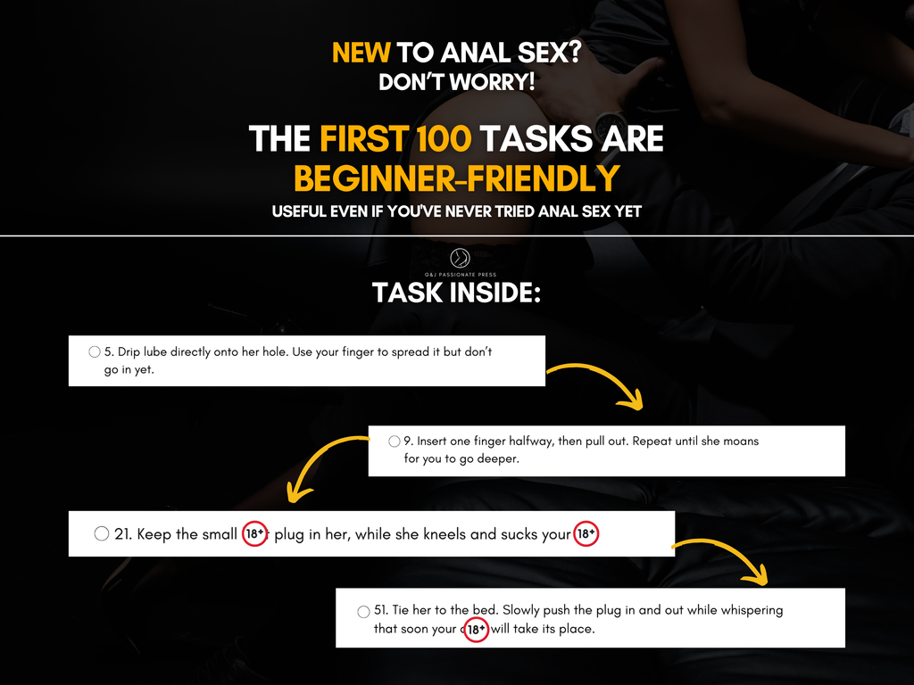 600 Anal Sex Tasks beginner-friendly preview showing the first 100 tasks designed for couples new to anal play
