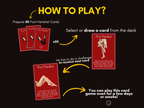 How to play graphic for Foot Fetish Cards, explaining how to draw a card, complete a challenge, and receive the next card