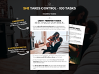 Light Femdom Tasks example page preview showing She Takes Control tasks, checkboxes, illustrative photos, and sample female domination scenes