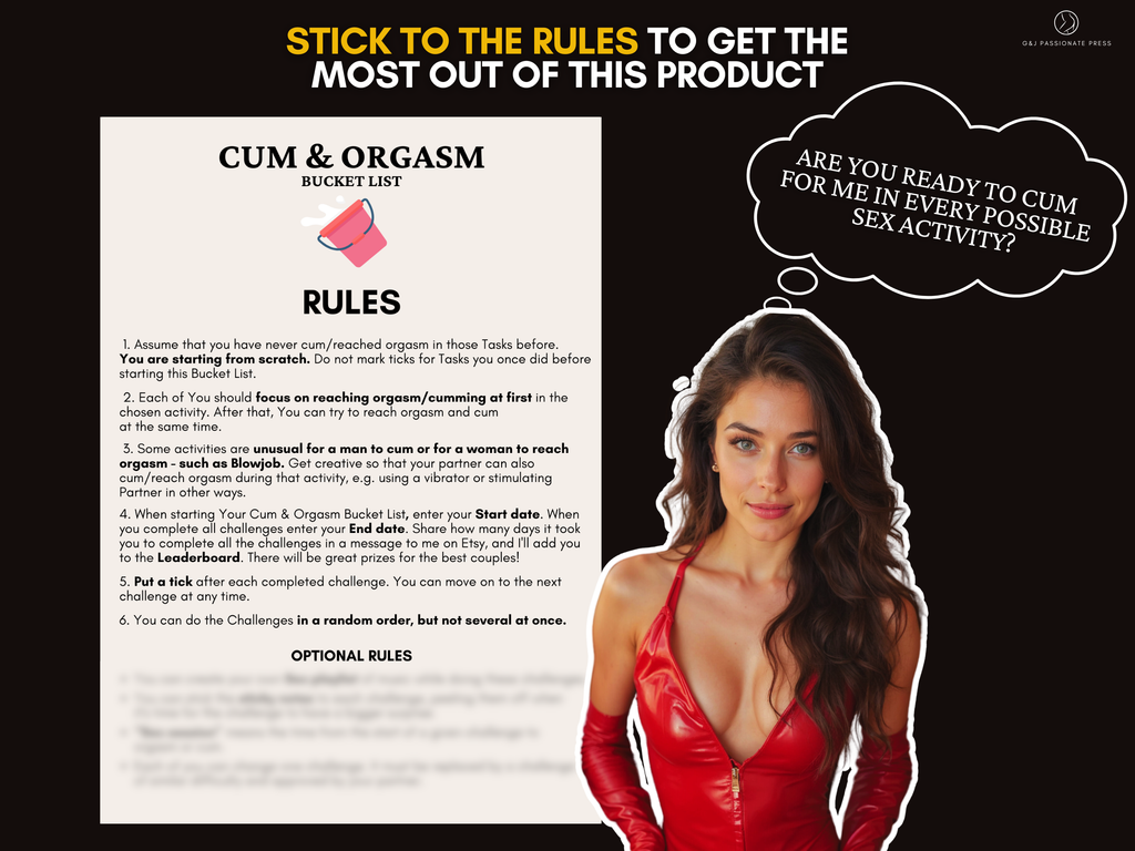 Cum and Orgasm Bucket List rules preview explaining how to complete challenges, track progress, and use optional rules