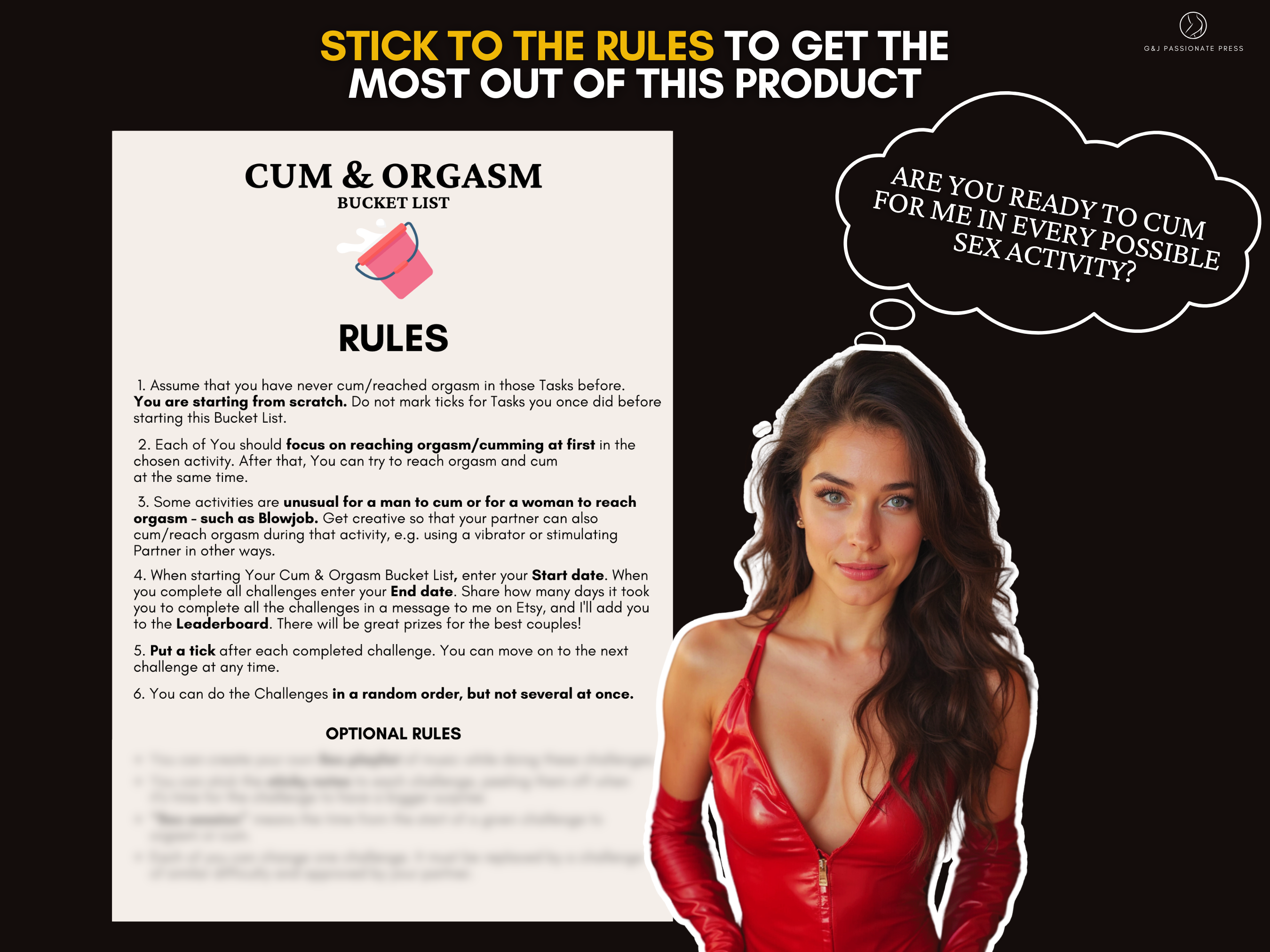 Cum and Orgasm Bucket List rules preview explaining how to complete challenges, track progress, and use optional rules