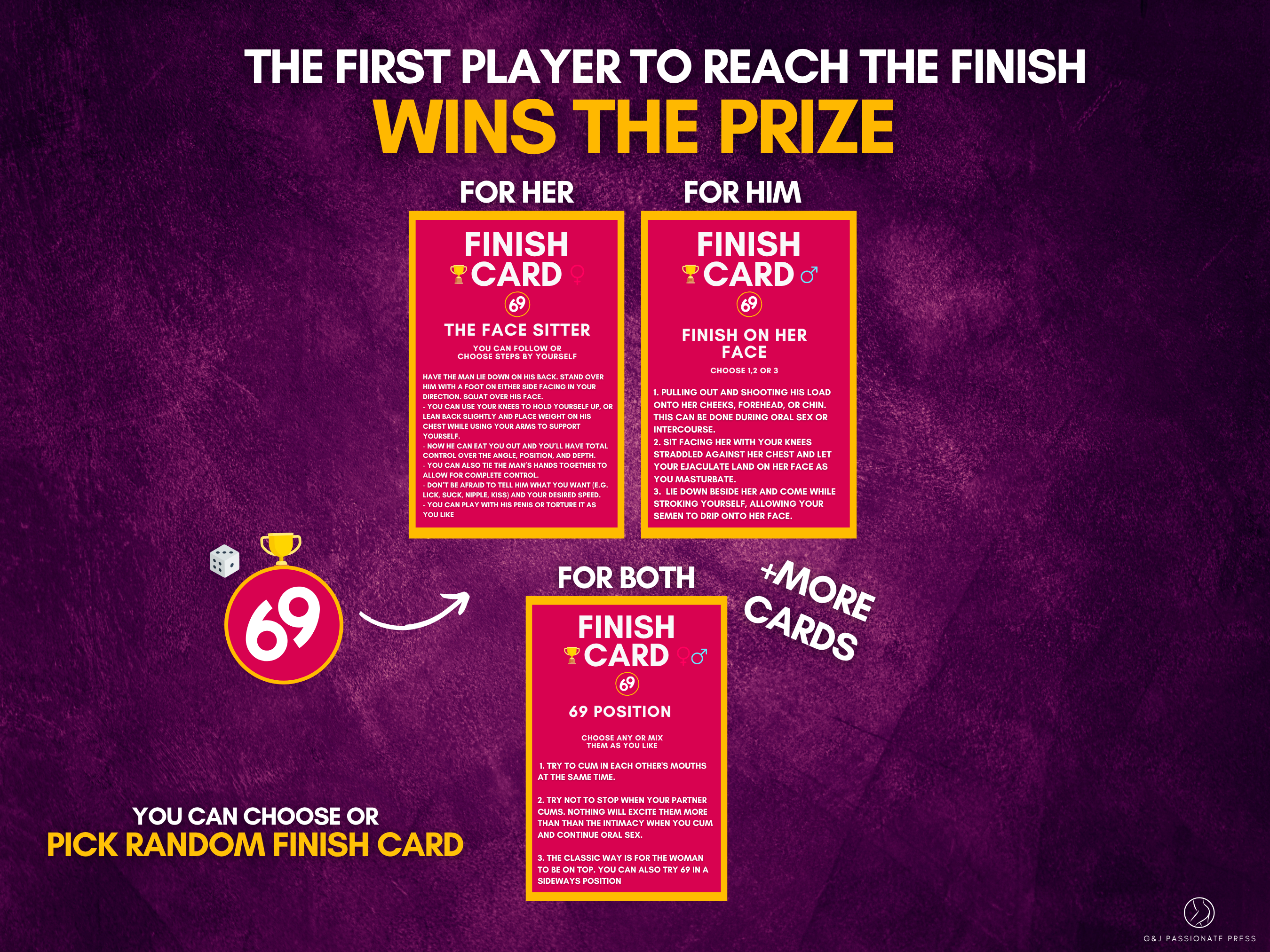 69 Sex Game finish cards preview showing prize cards for her, for him, and for both players