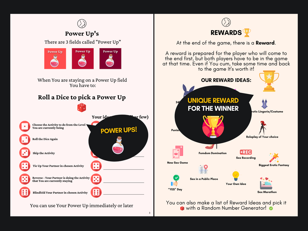 Naughty board sex game rules preview showing Power Ups, reward ideas, dice rolls, and winner rewards for couples
