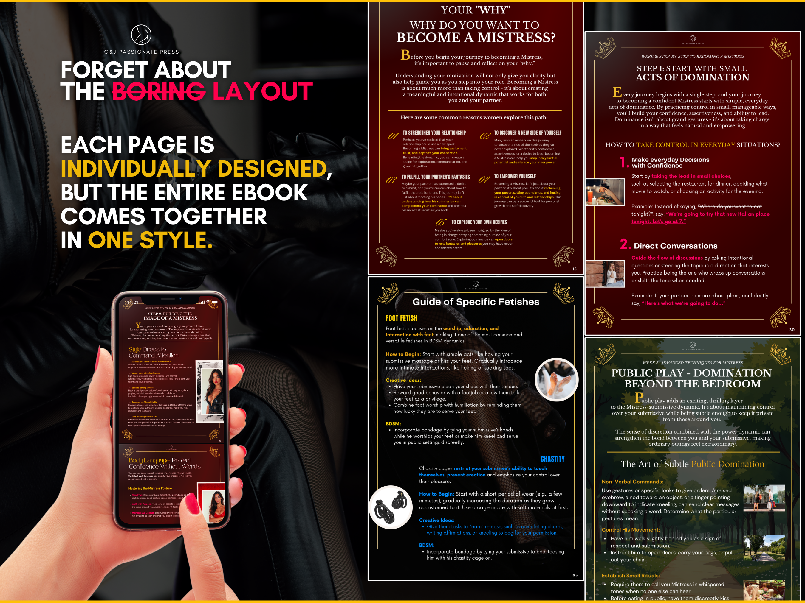 Guide to Become a Mistress ebook layout preview showing individually designed pages, fetish guides, public play, and domination exercises