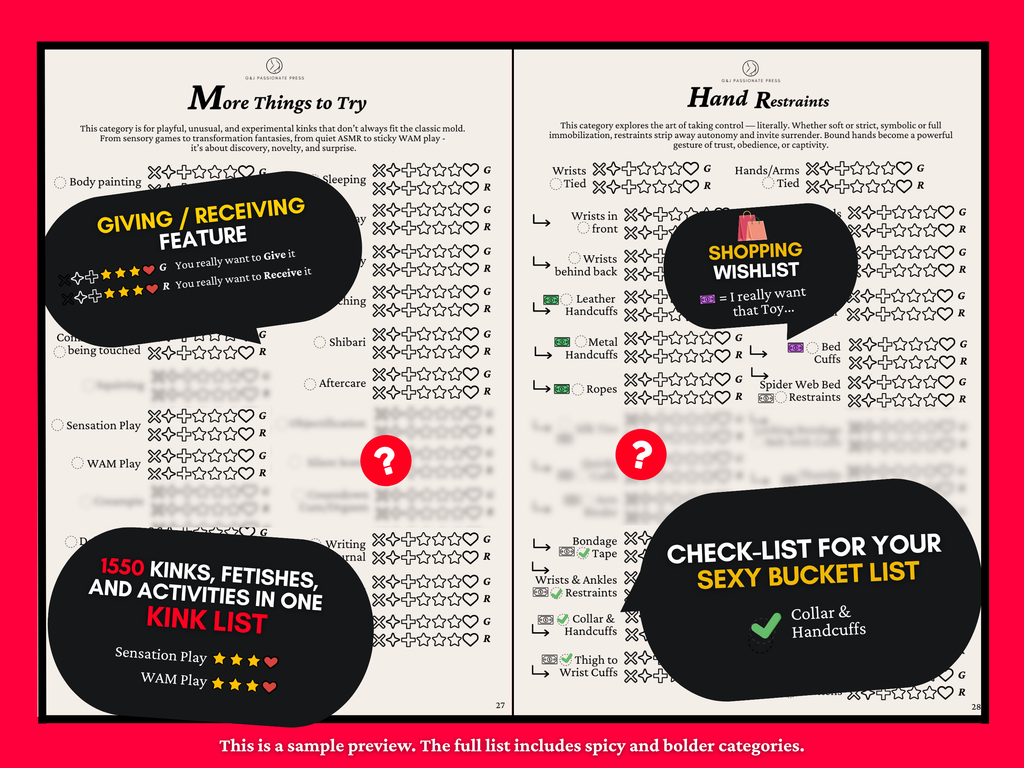 Kink List preview showing giving and receiving ratings, shopping wishlist, and bucket list checklist features
