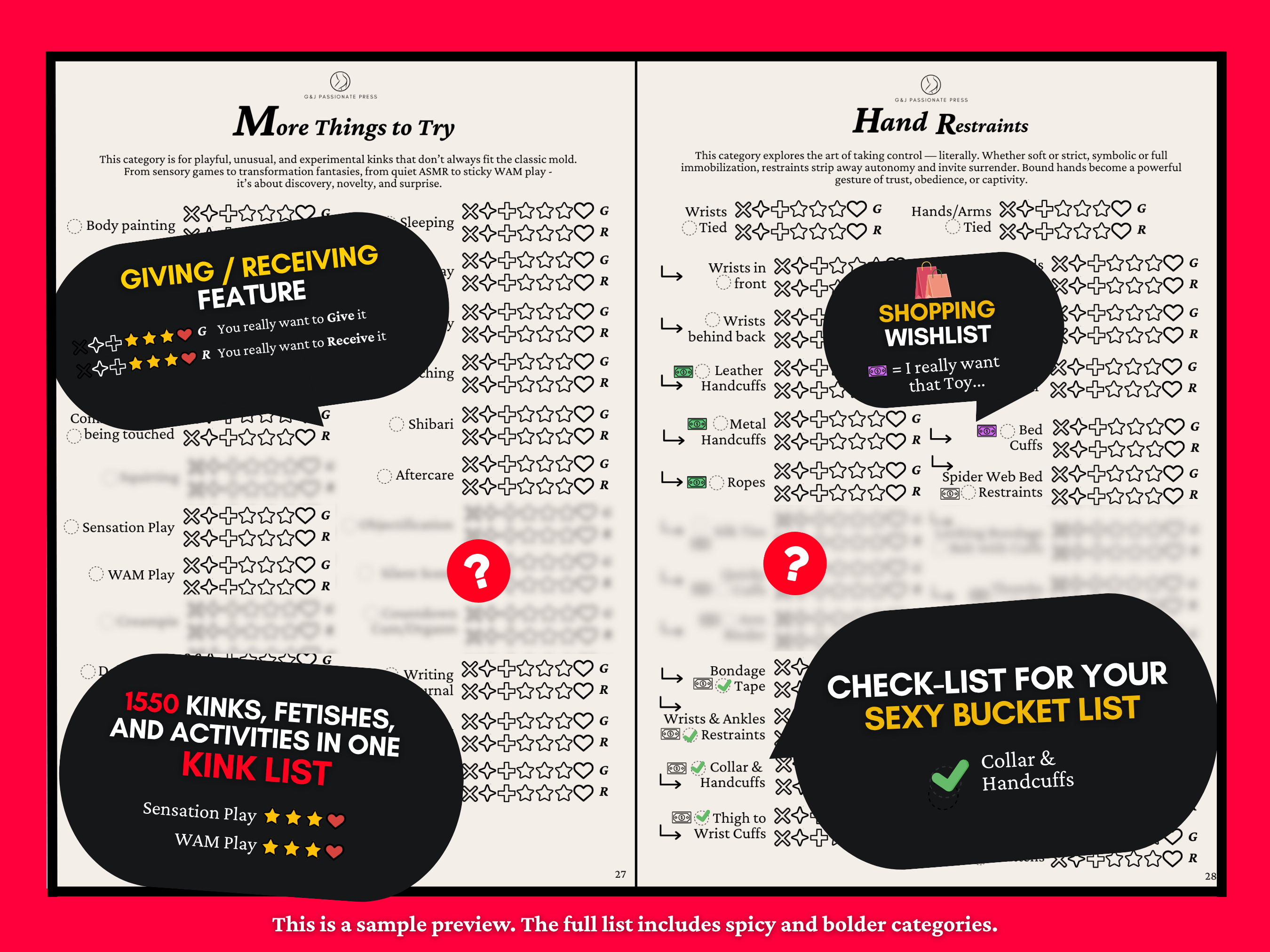Kink List preview showing giving and receiving ratings, shopping wishlist, and bucket list checklist features
