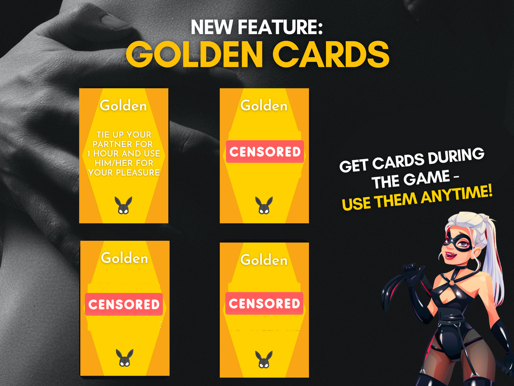 Naughty Truth or Dare Sex Cards golden cards preview showing bonus cards that can be used during the game