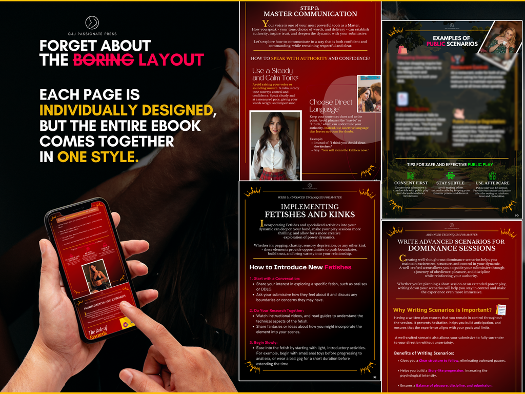 BDSM Master ebook layout preview showing individually designed pages, master communication, fetishes, public scenarios, and dominance exercises