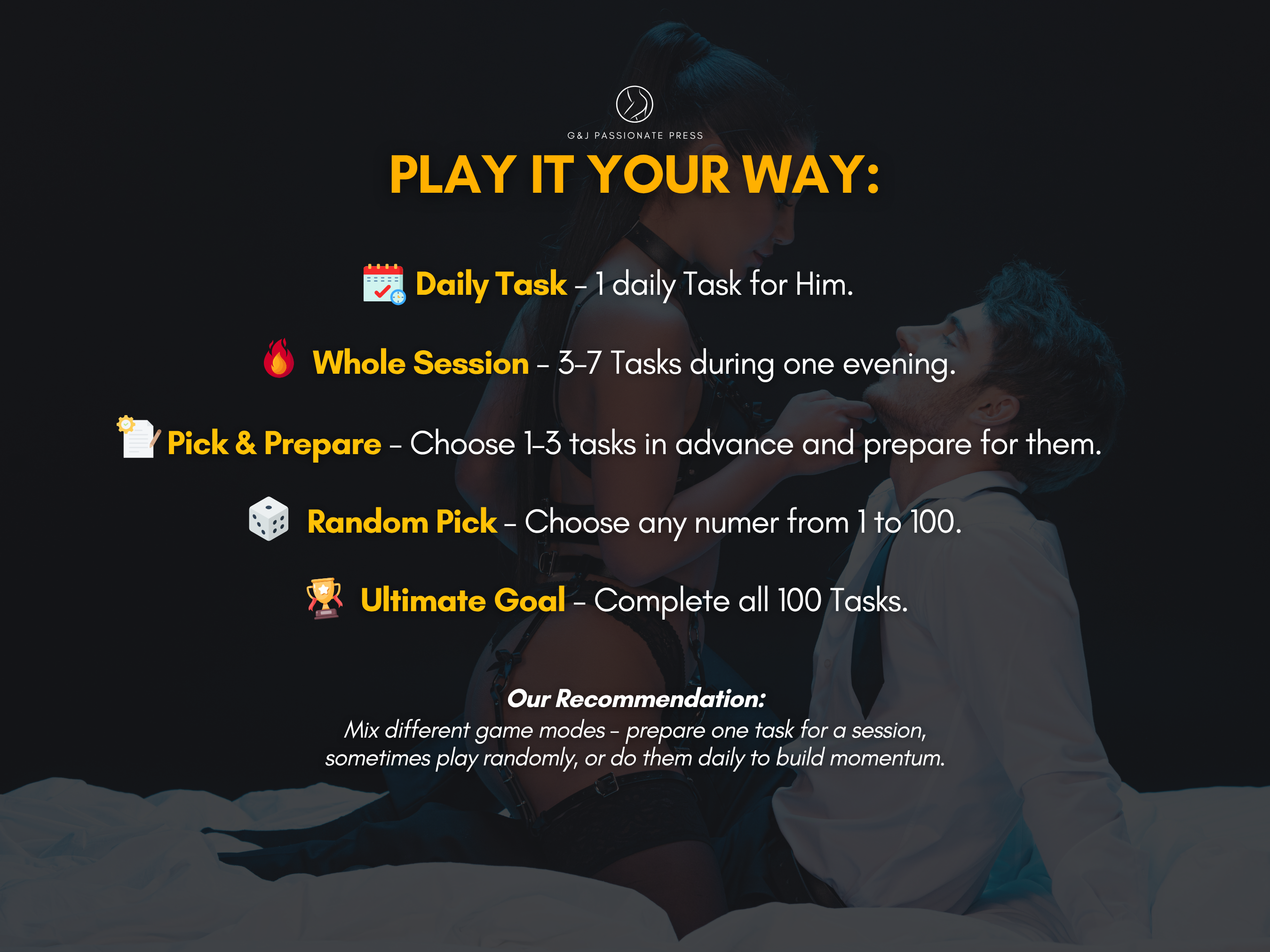 100 Light Femdom Tasks play guide graphic showing daily task, whole session, pick and prepare, random pick, and ultimate goal options