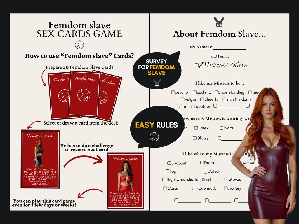 Instruction preview for Femdom Slave Sex Cards Game showing easy rules, a femdom slave survey, example cards, and a woman in a red dress
