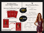 Instruction preview for Femdom Slave Sex Cards Game showing easy rules, a femdom slave survey, example cards, and a woman in a red dress