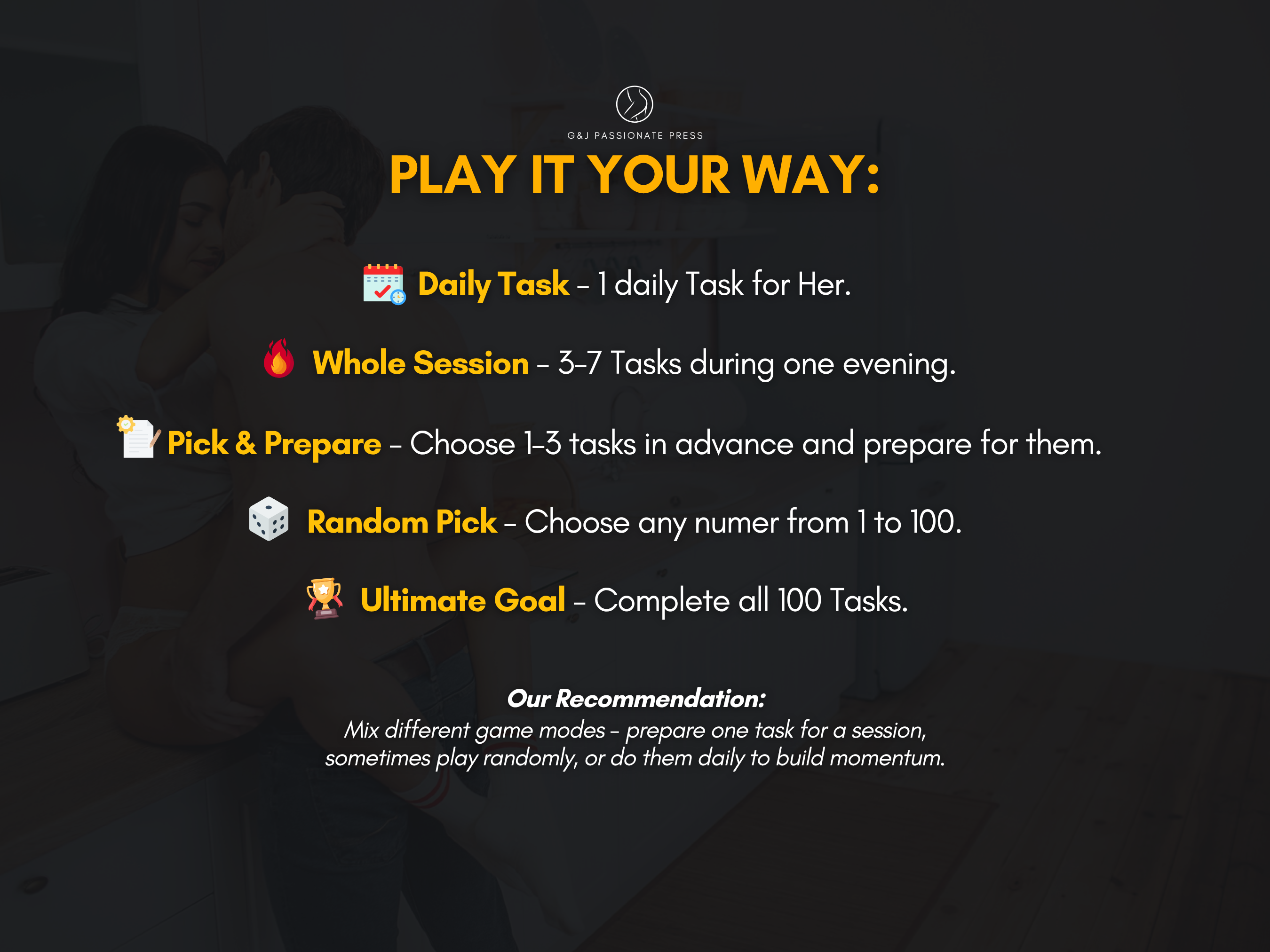 100 Beginner Submissive Woman Tasks play guide graphic showing daily task, whole session, pick and prepare, random pick, and ultimate goal options