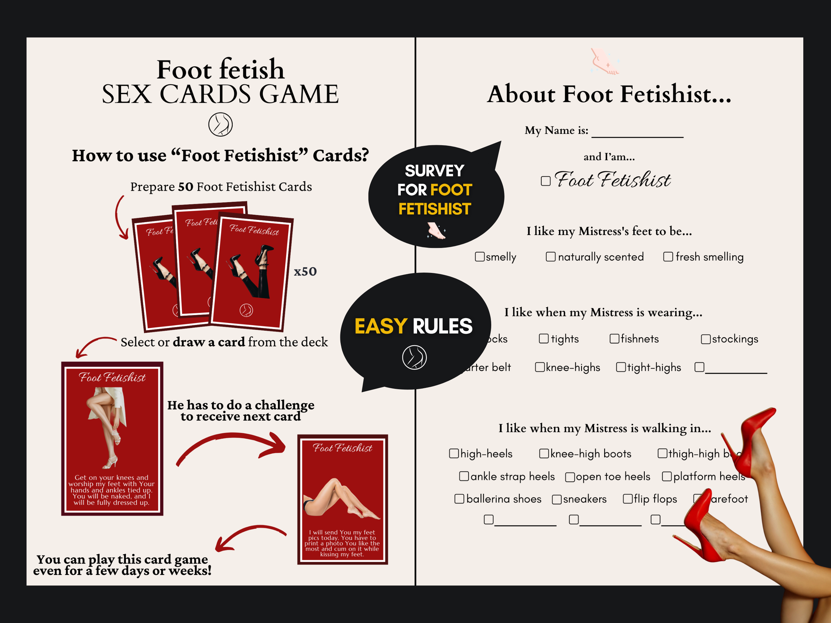 Instruction preview for Foot Fetish Sex Cards Game showing easy rules, foot fetish survey, and example cards
