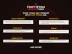 Product contents graphic for Foot Fetish Femdom Tasks, showing task categories including pussy worship, food play, public, bondage, and more