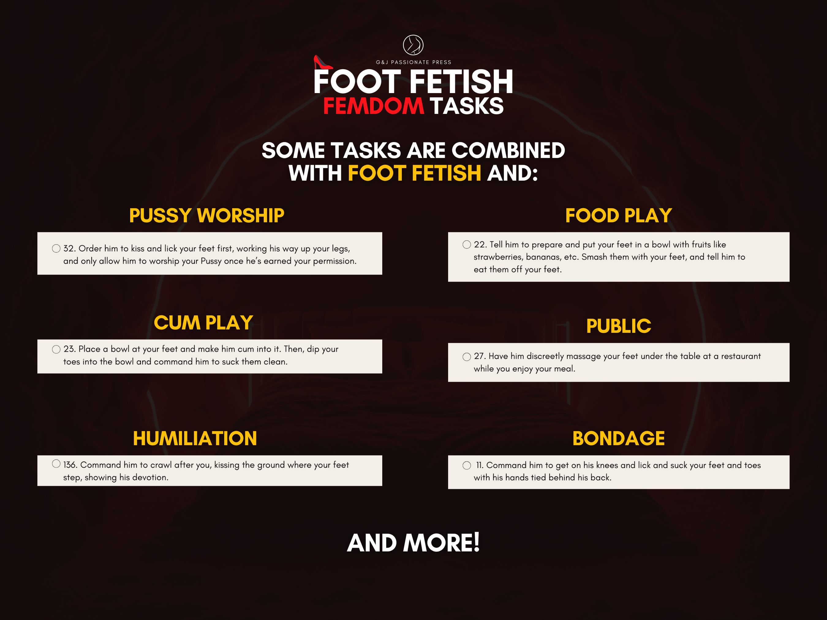 Product contents graphic for Foot Fetish Femdom Tasks, showing task categories including pussy worship, food play, public, bondage, and more