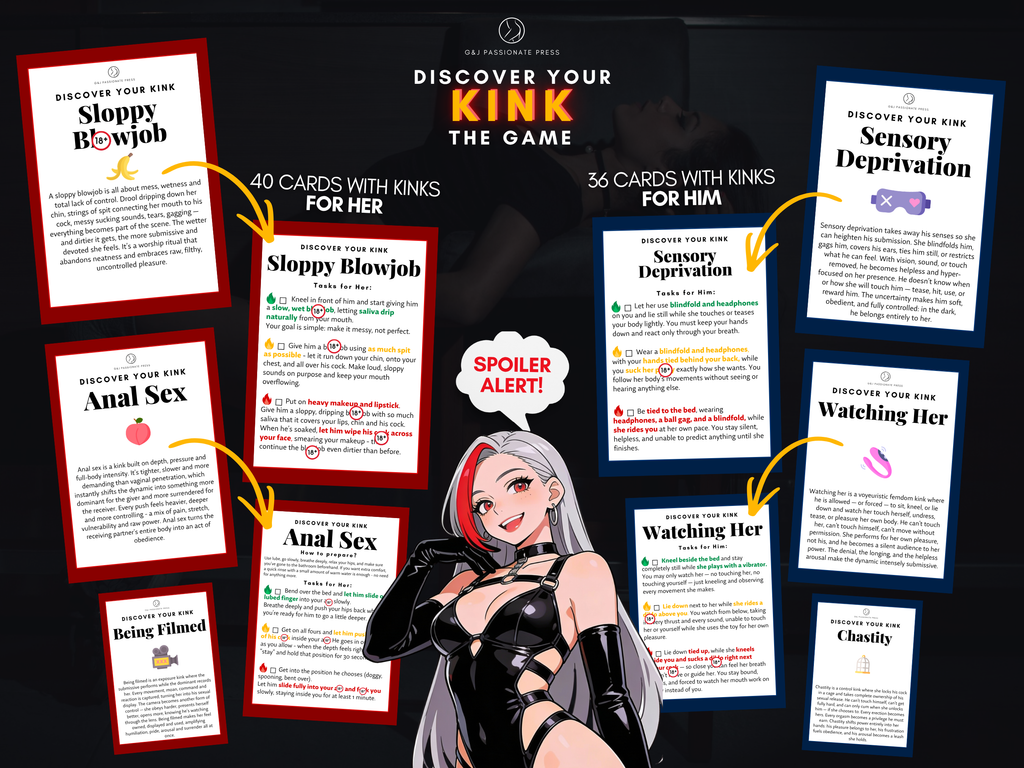 Discover Your Kink card game preview showing kink cards for her and him with sample prompts