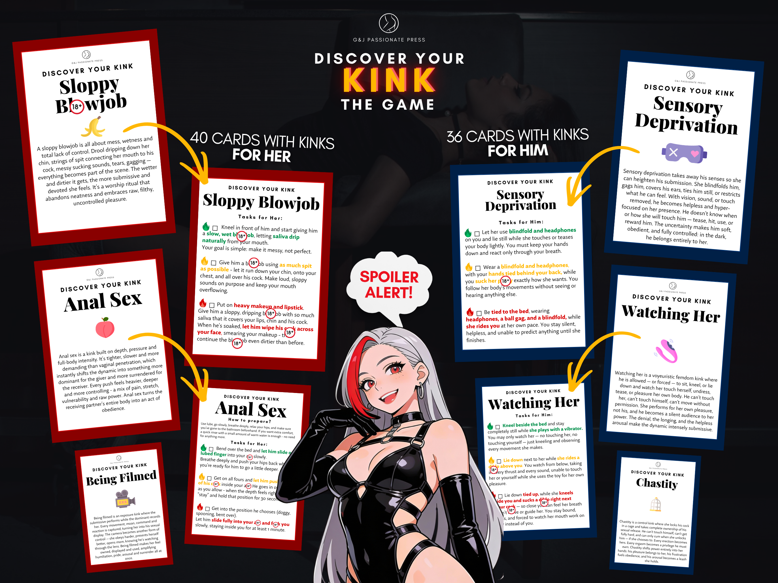 Discover Your Kink card game preview showing kink cards for her and him with sample prompts