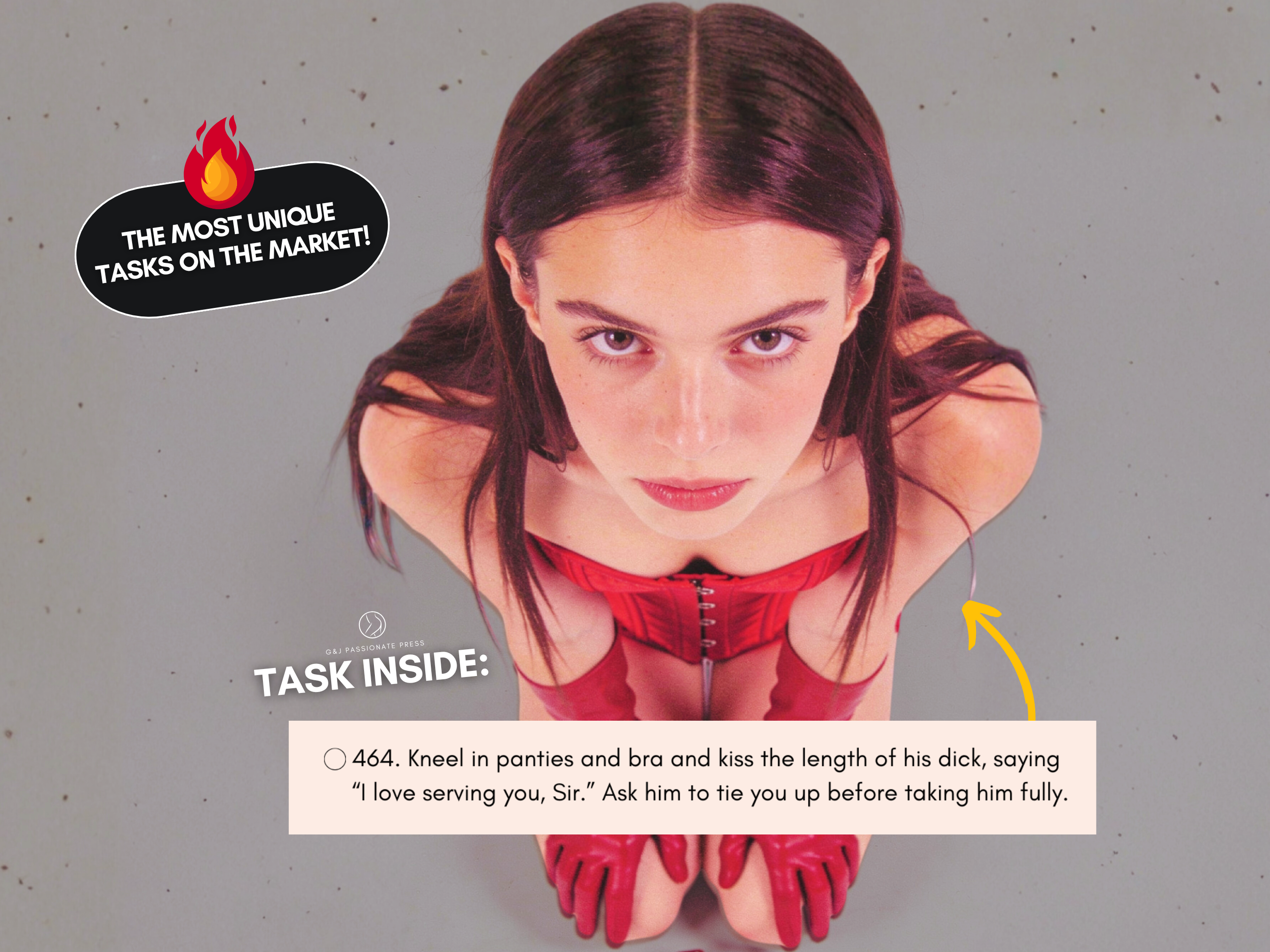 500 BDSM Tasks for Beginners sample task preview showing a submissive woman in red lingerie with a beginner-friendly BDSM task
