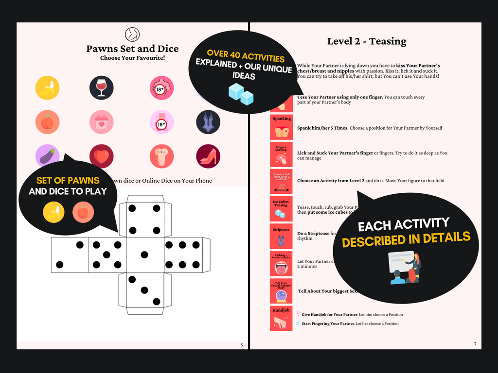 Naughty board sex game preview showing pawns, dice, over 40 activities