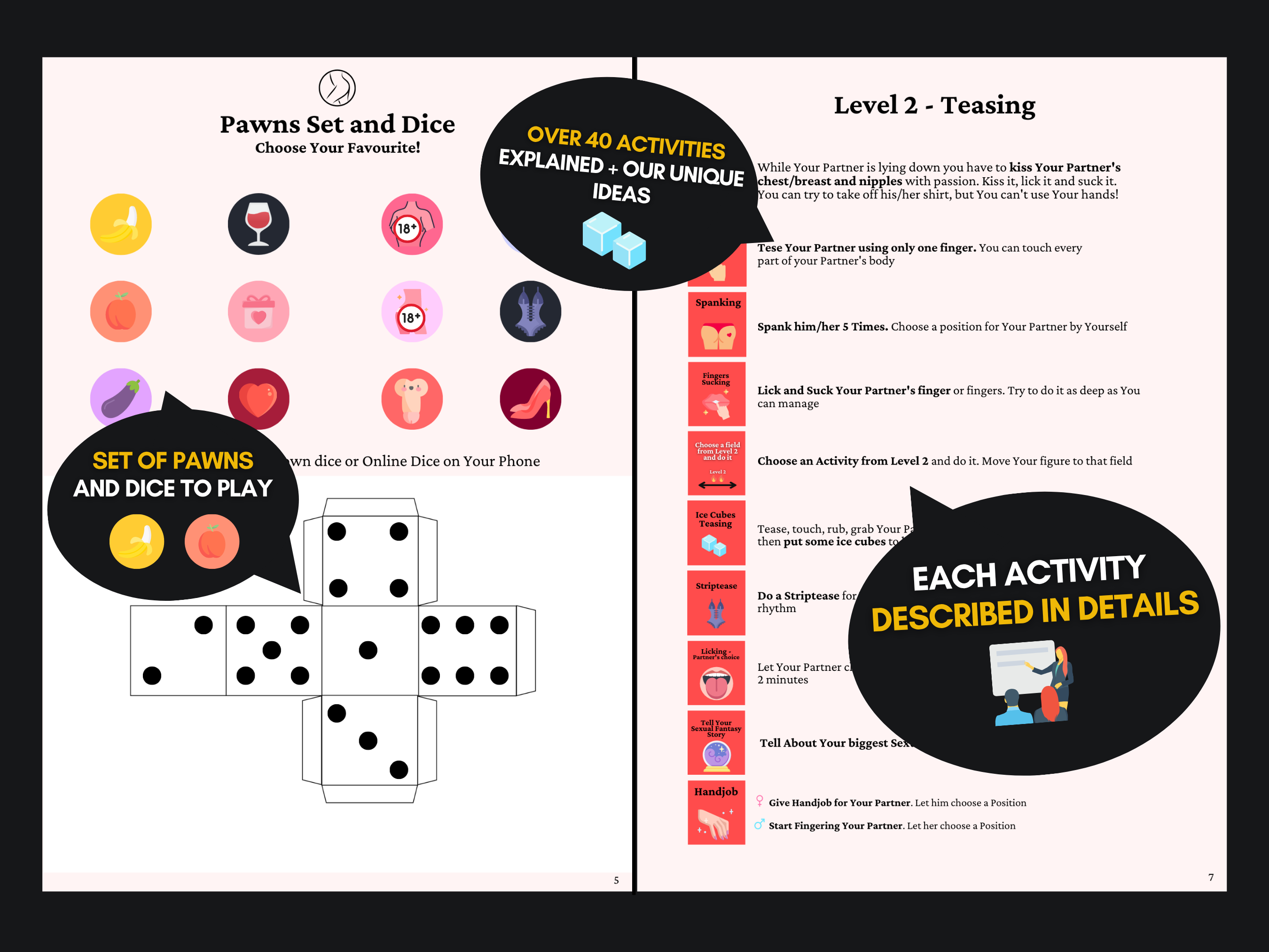 Naughty board sex game preview showing pawns, dice, over 40 activities