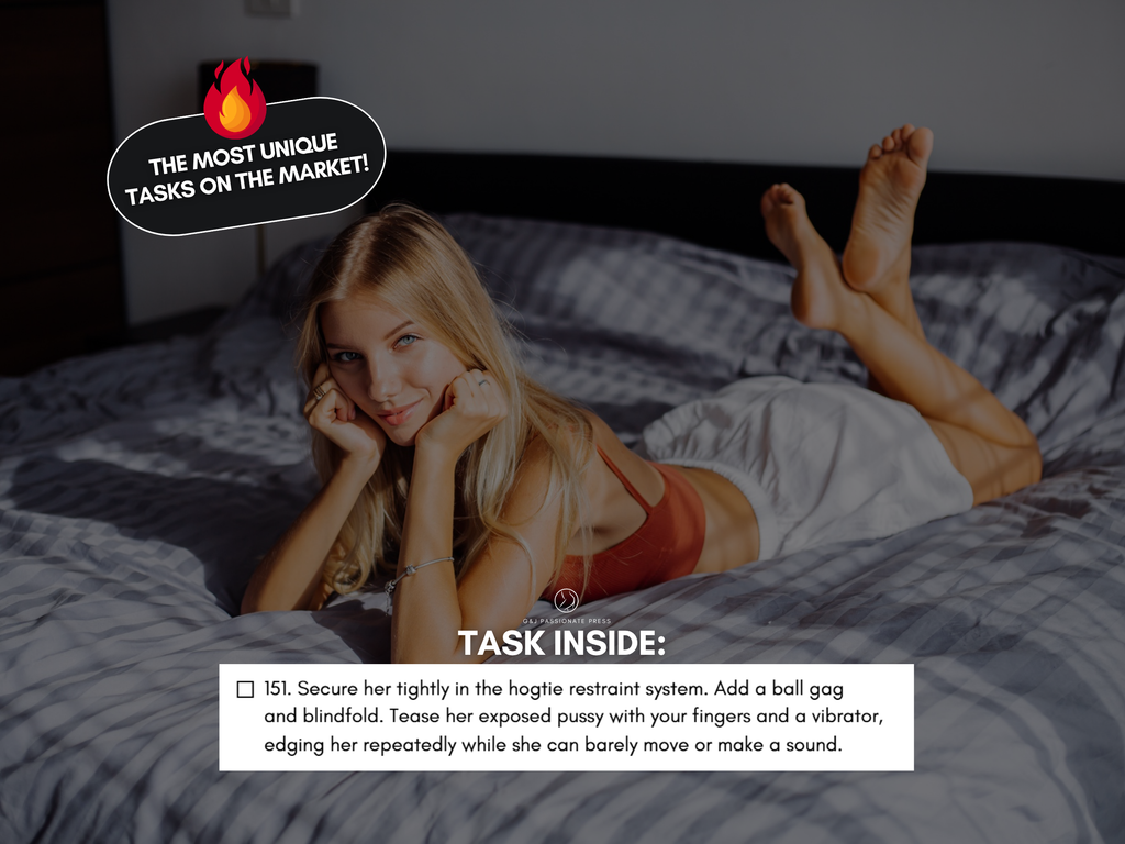 220 Bondage Tasks sample task preview showing a submissive woman and a hogtie restraint challenge from the printable collection
