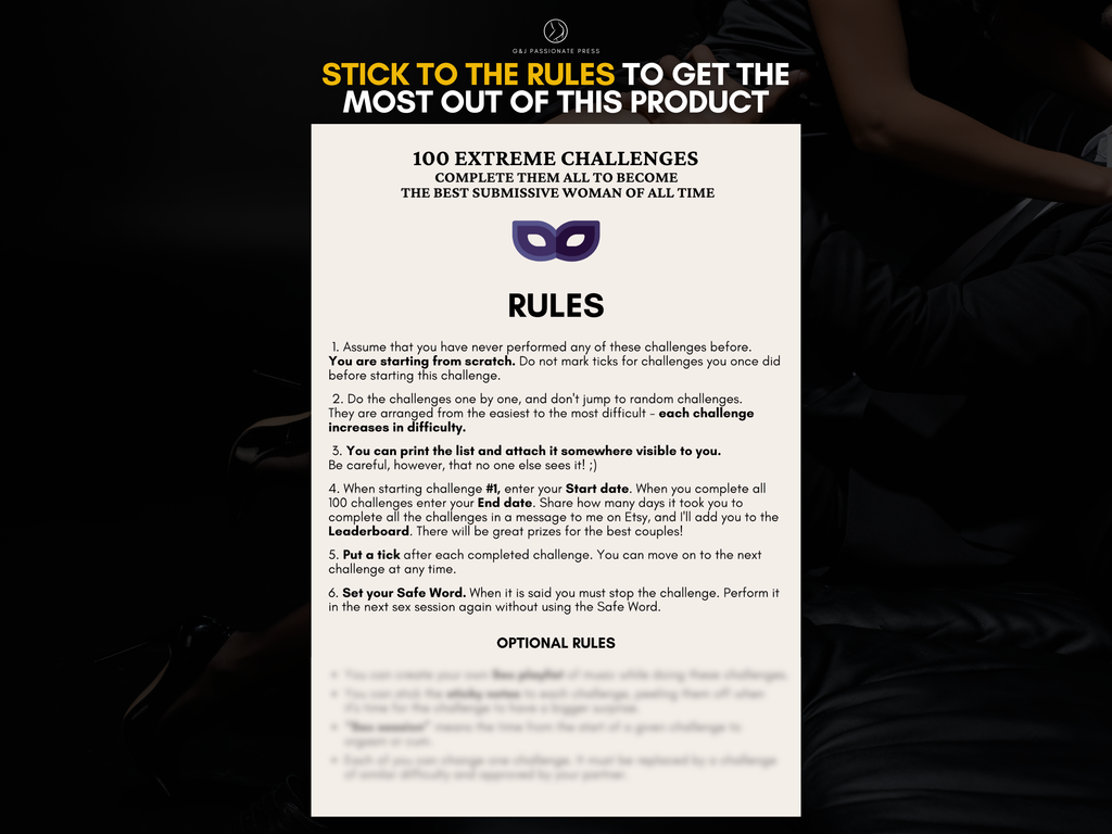 Rules preview graphic for 100 Extreme Challenges, showing how to complete the submissive woman challenge system step by step