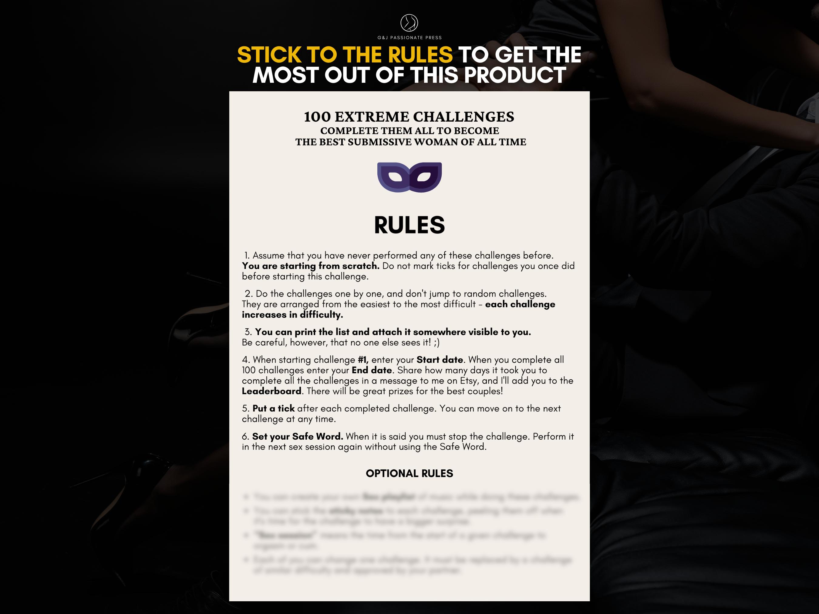 Rules preview graphic for 100 Extreme Challenges, showing how to complete the submissive woman challenge system step by step