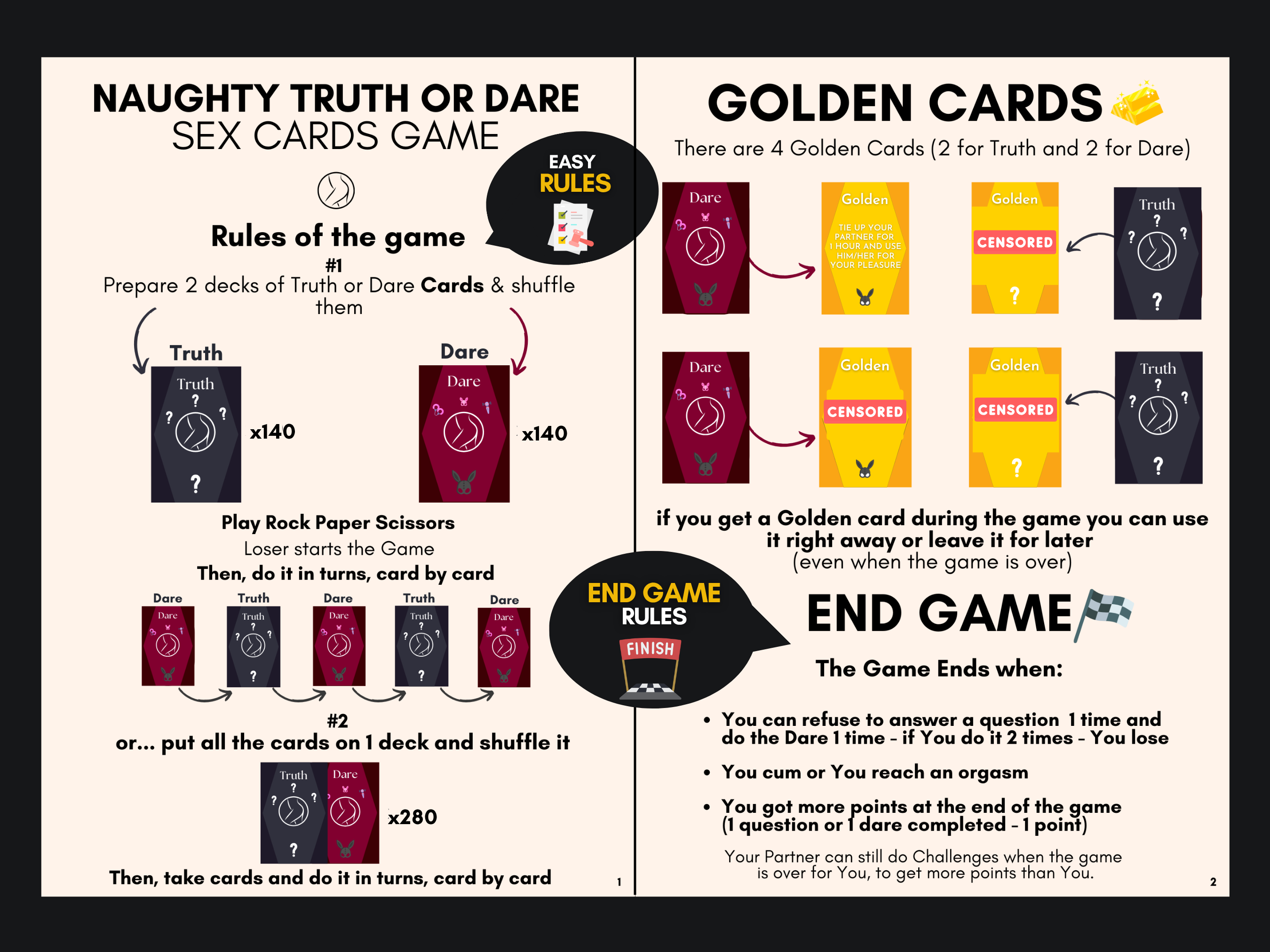 Naughty Truth or Dare Sex Cards rules preview showing truth and dare decks, golden cards, and end game rules