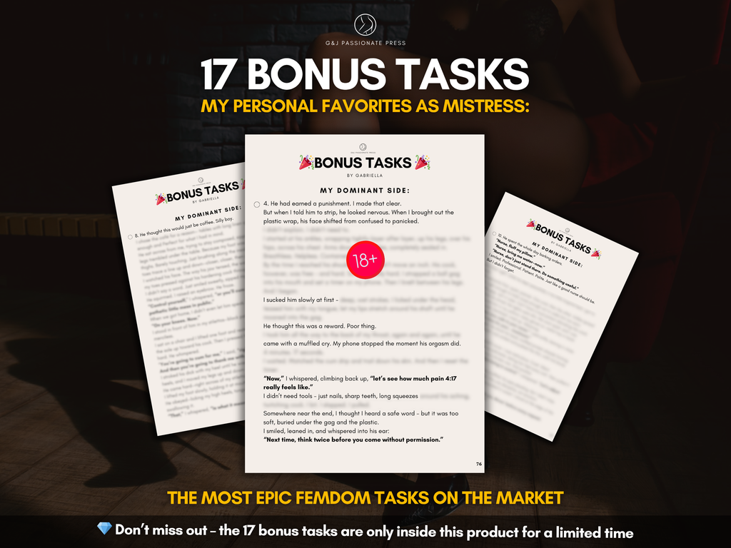17 Bonus Femdom Tasks preview graphic showing Gabriella’s personal favorite mistress tasks, bonus pages, and limited-time extra content