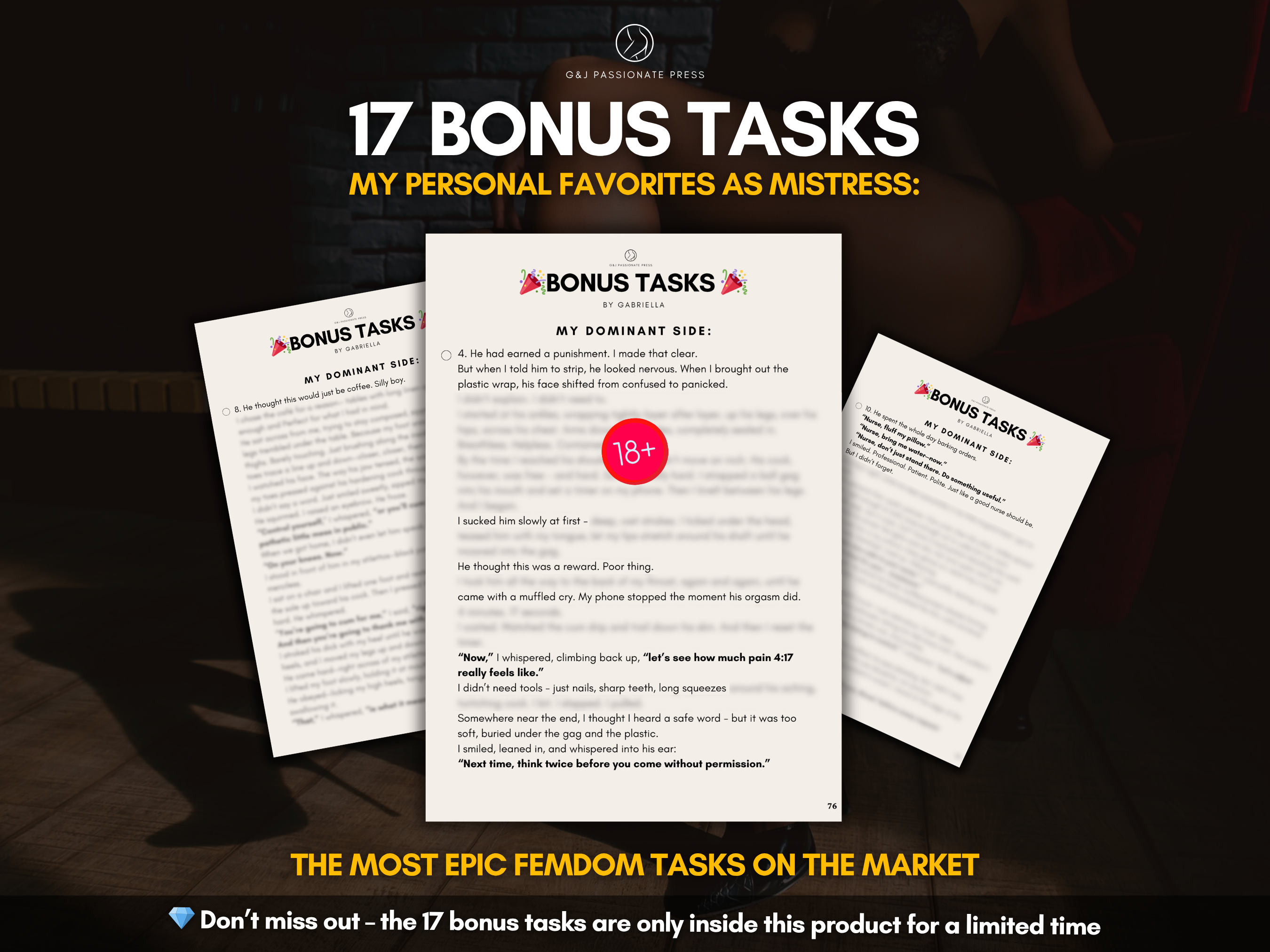 17 Bonus Femdom Tasks preview graphic showing Gabriella’s personal favorite mistress tasks, bonus pages, and limited-time extra content