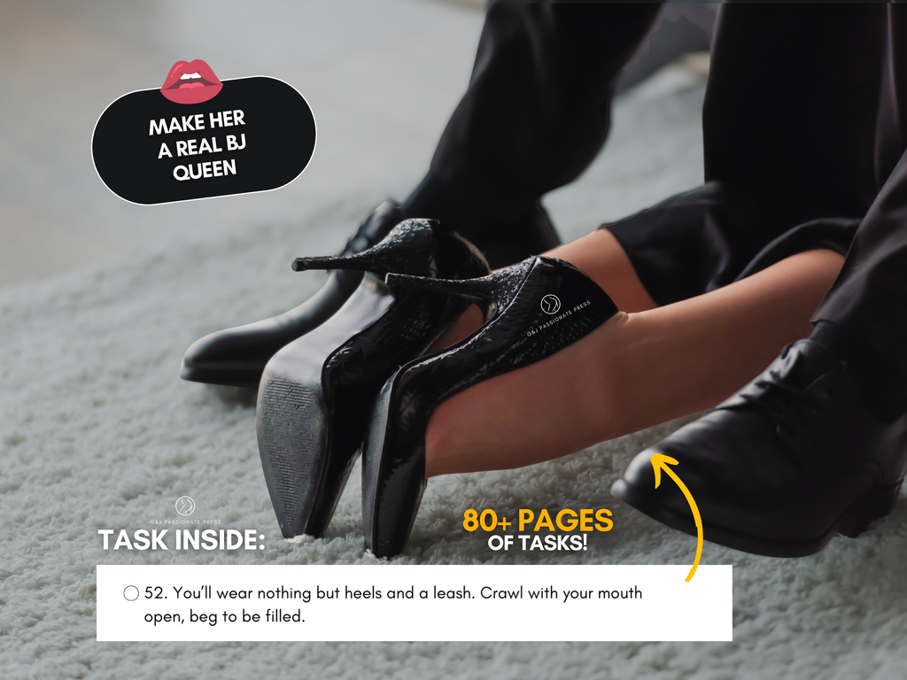 650 Blowjob Tasks sample task preview showing high heels, 80+ pages of tasks, and a submissive oral challenge