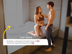 650 Blowjob Tasks sample task preview showing an adult couple in the bedroom with a worship-focused oral task