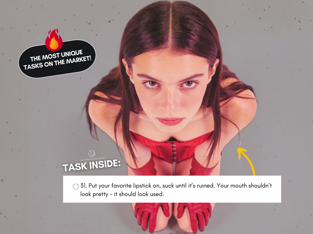 650 Blowjob Tasks sample task preview showing a submissive woman and a lipstick task from the printable task collection