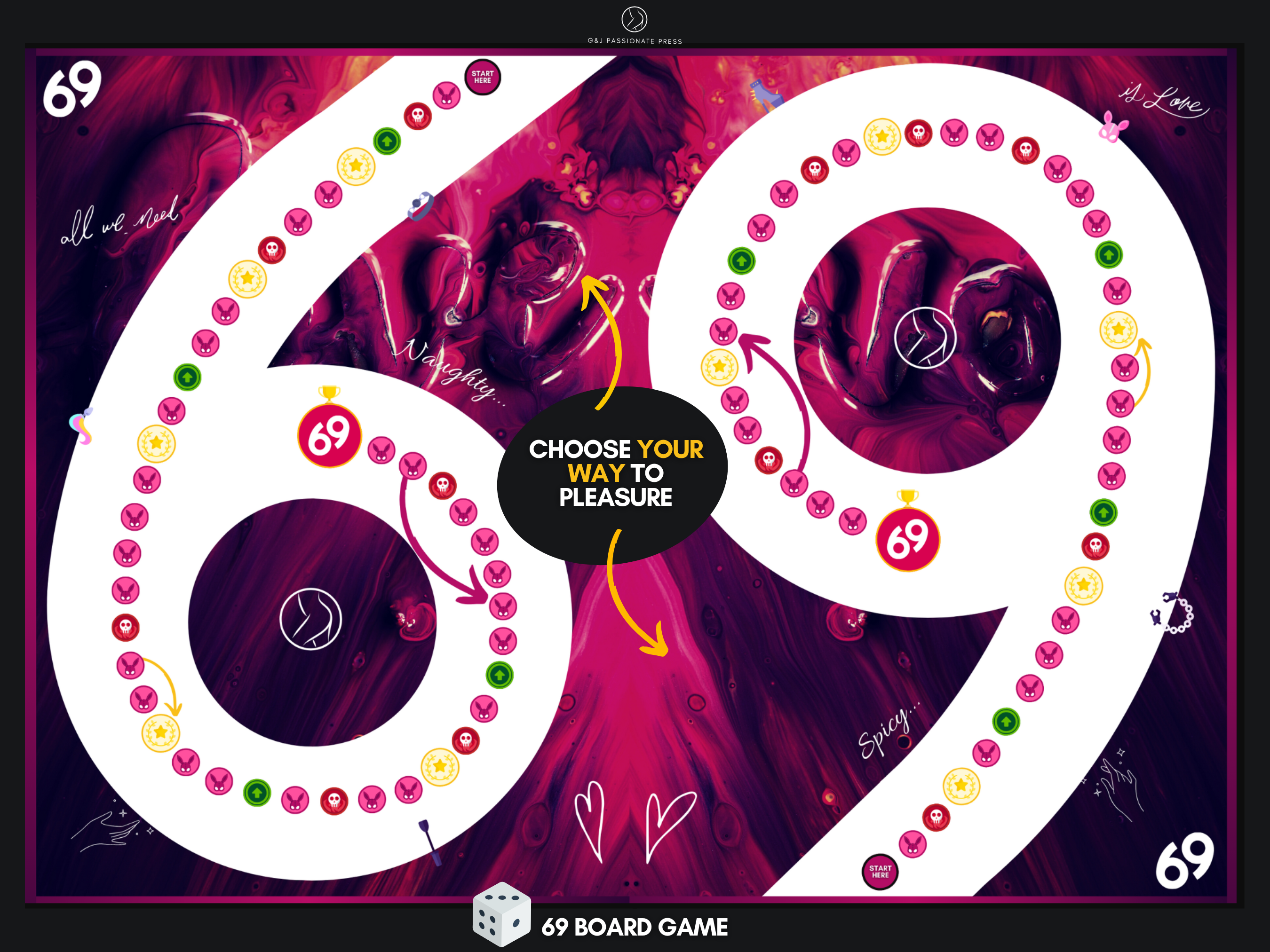 69 Sex Game board preview showing a large printable 69-shaped board with game fields, dice, and couple game layout