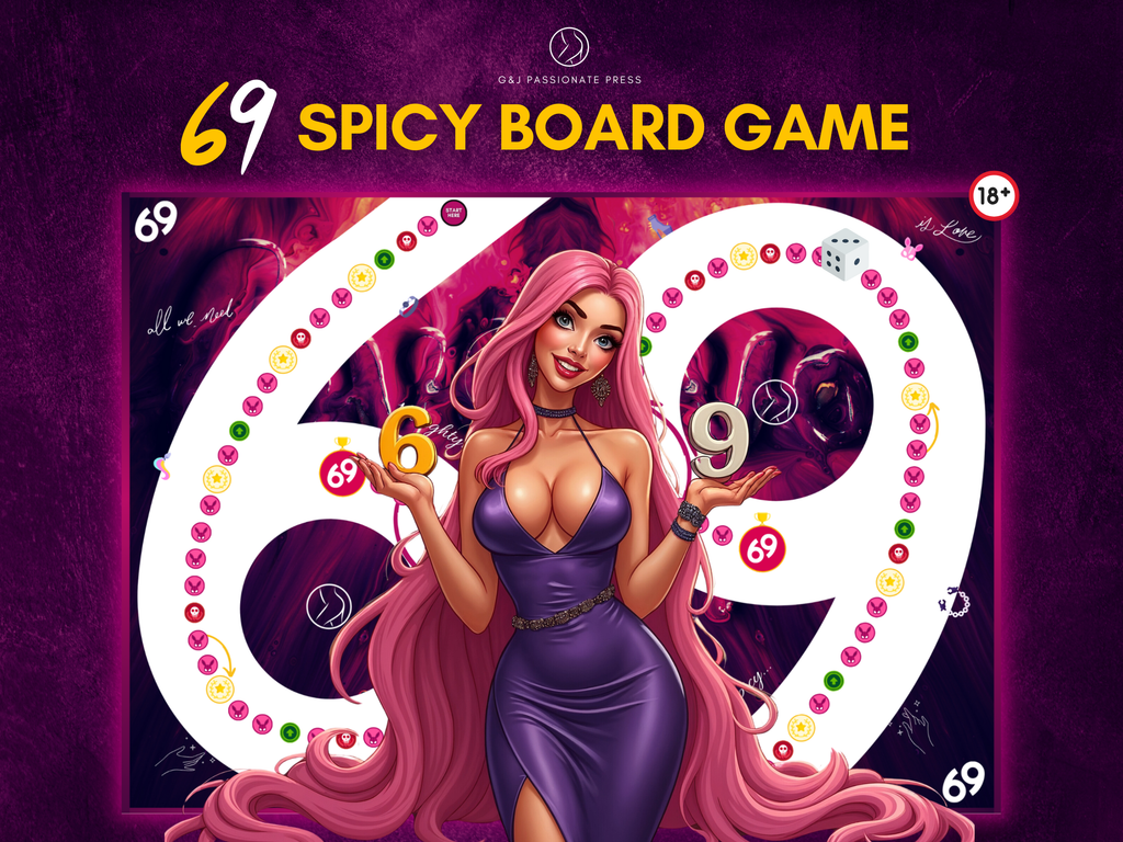69 Sex Game product overview showing printable board game, dice, cards