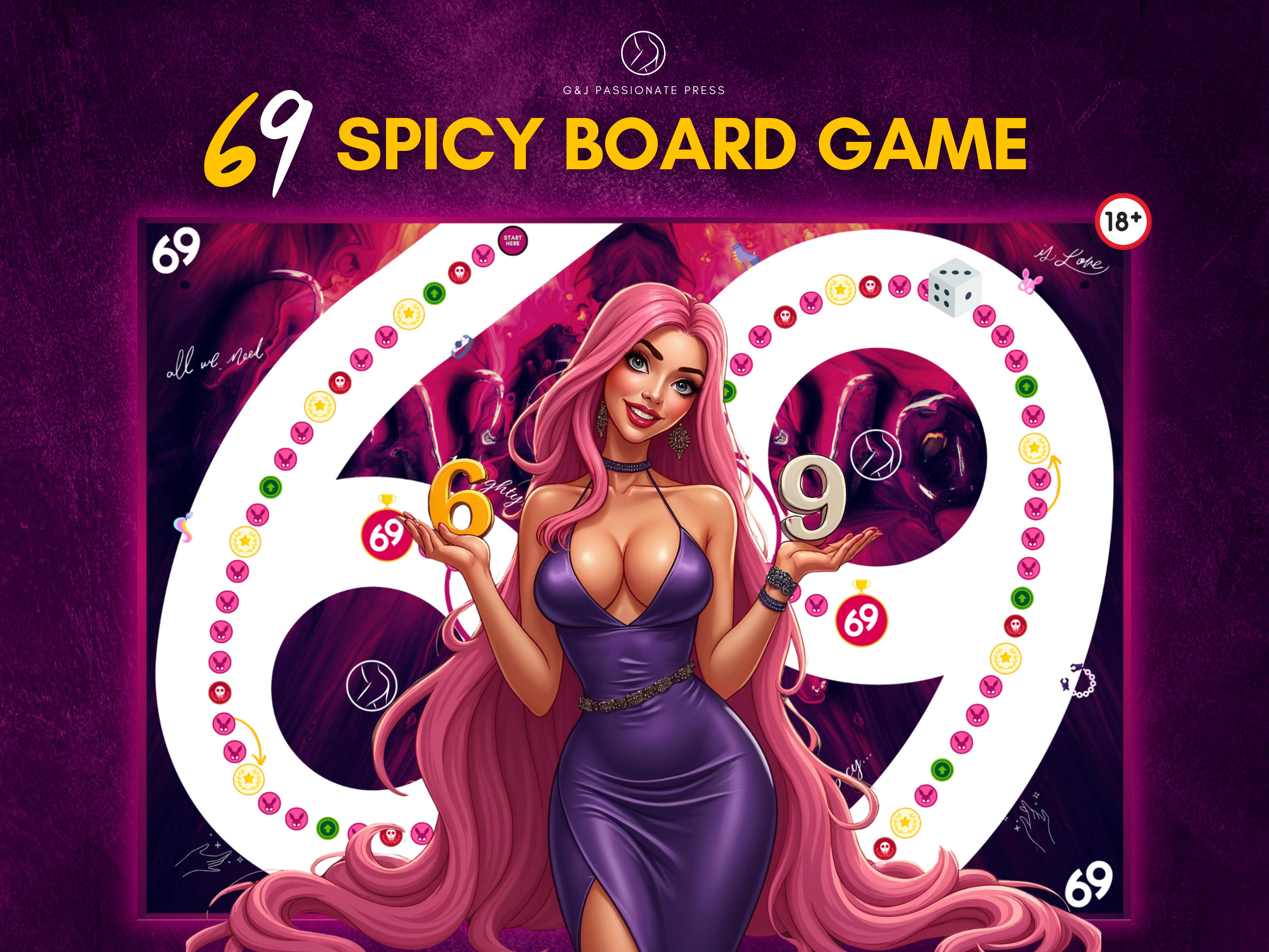 69 Sex Game product overview showing printable board game, dice, cards