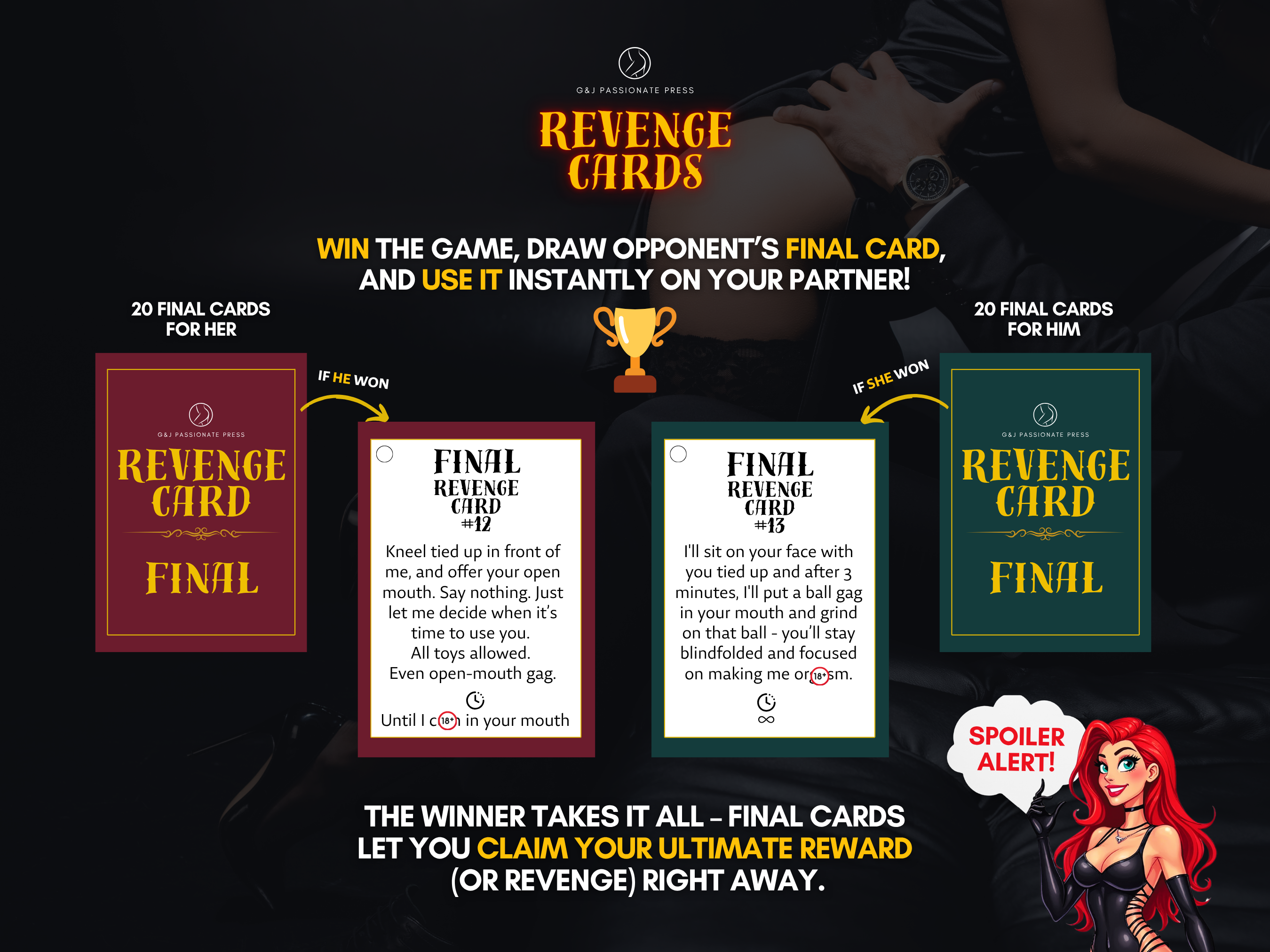Revenge Cards final card preview showing winner rules, final reward cards, and 20 final cards for each partner