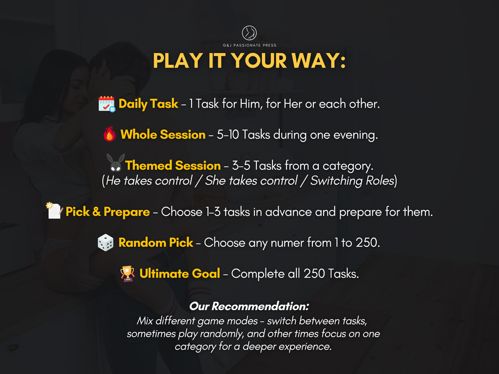250 Switch Couple Tasks play guide graphic showing daily tasks, whole sessions, themed sessions, random picks, and ultimate goal