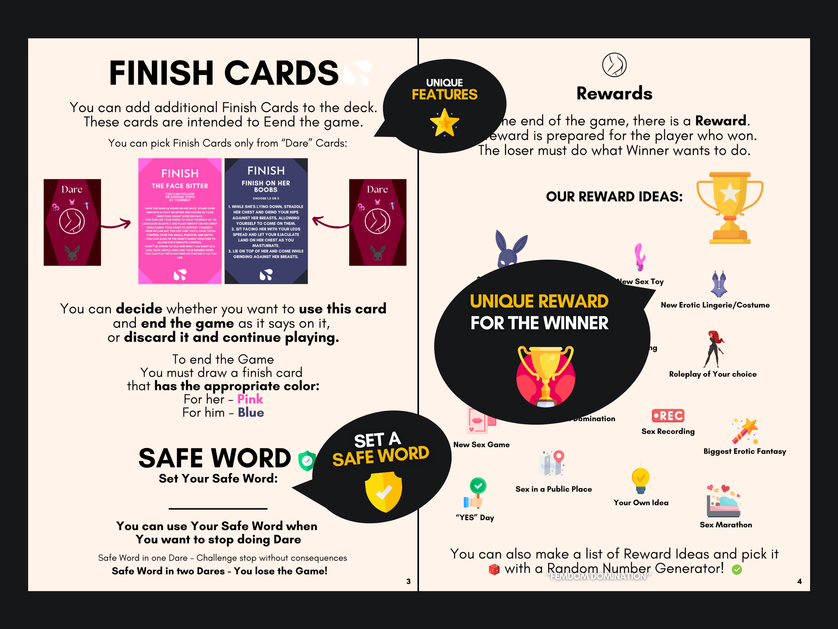 Naughty Truth or Dare Sex Cards rules preview showing finish cards, safe word, rewards, and unique game features