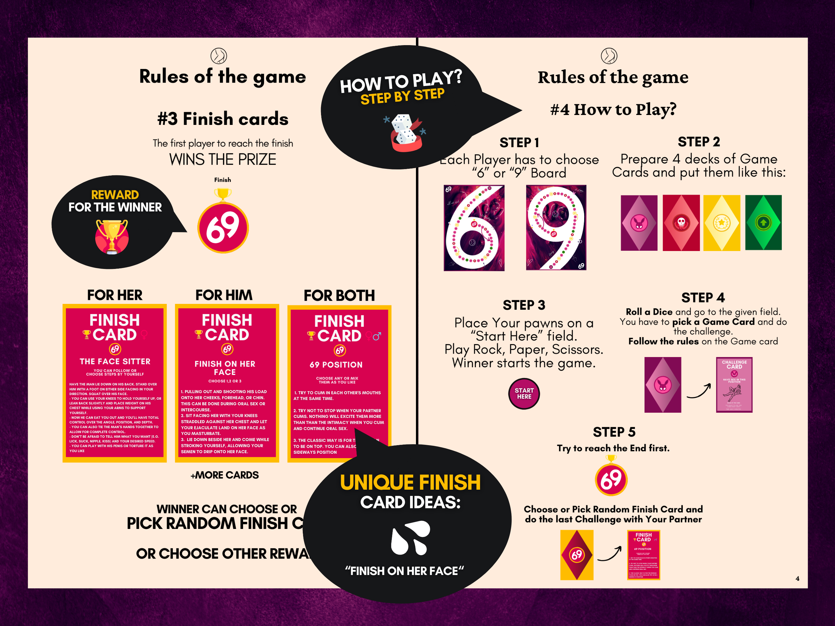 69 Sex Game rules preview showing finish cards, step-by-step gameplay, random finish cards, and reward ideas