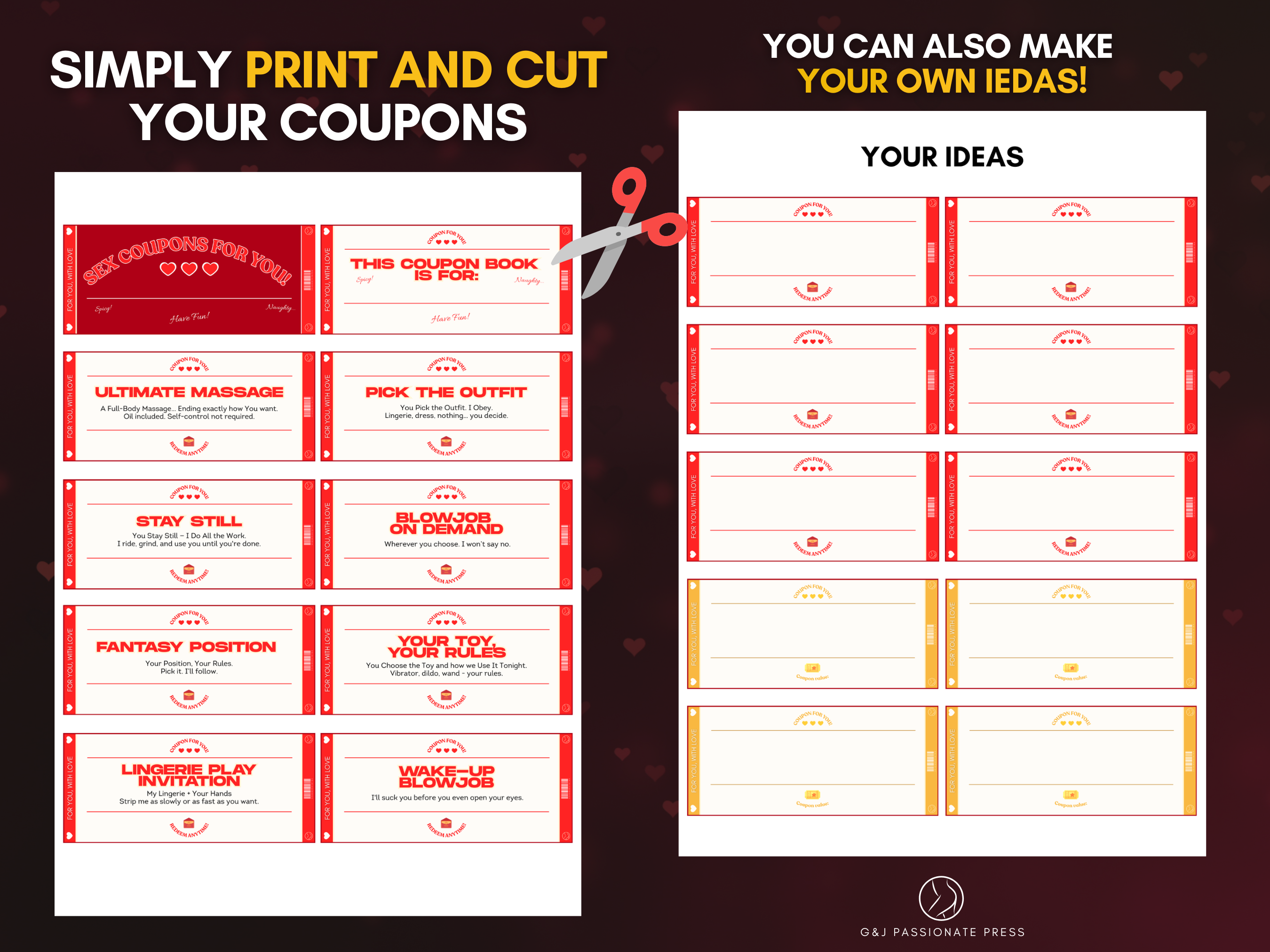 Printable coupon sheet preview showing ready-made sex coupons and blank coupons for creating custom ideas