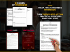 Guide to Become a Mistress workbook preview showing 21 workbook pages, bonus pages, certification, and practical exercises