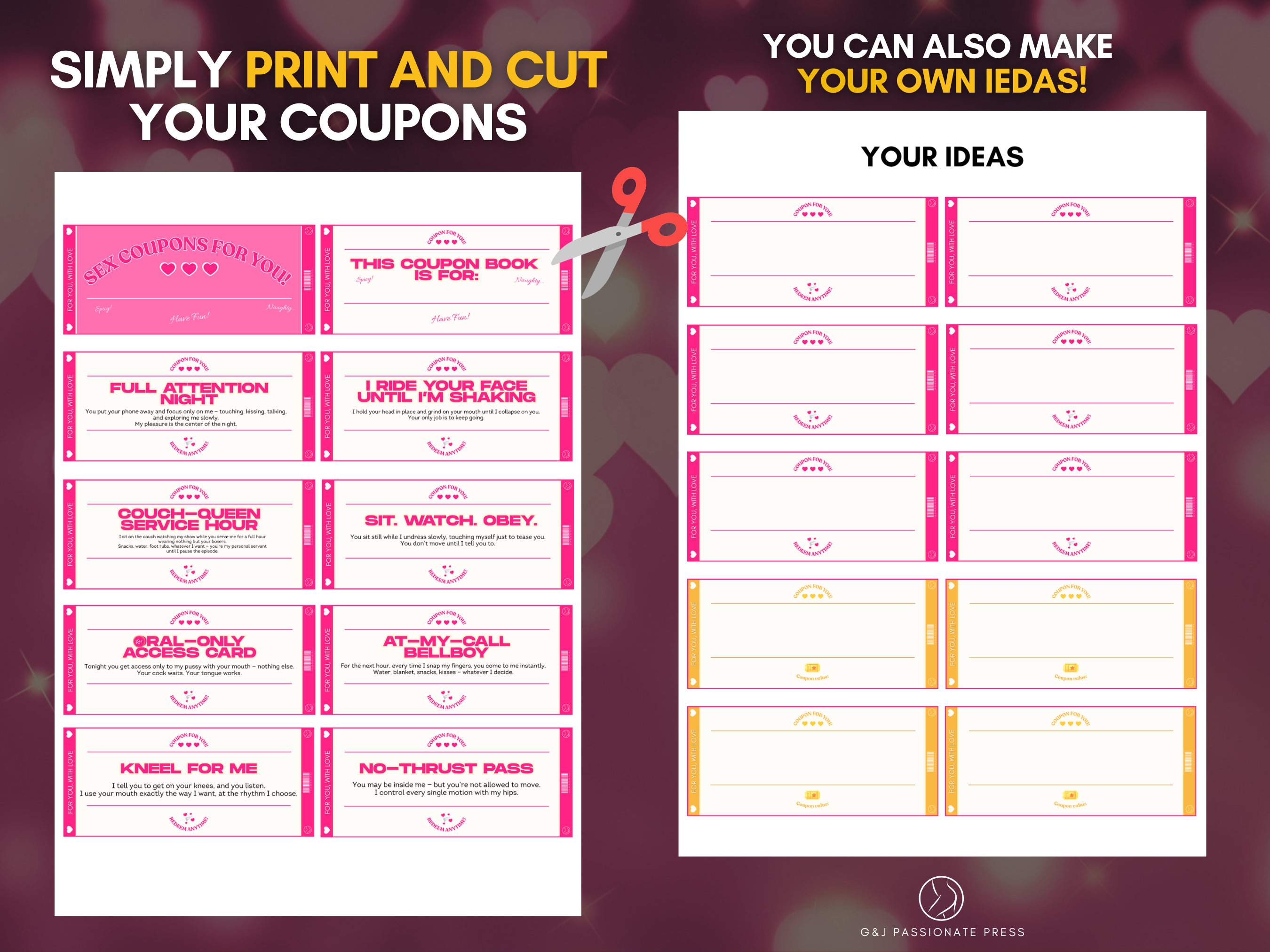 Printable sex coupon sheet preview with ready-made coupons and blank cards for creating custom ideas