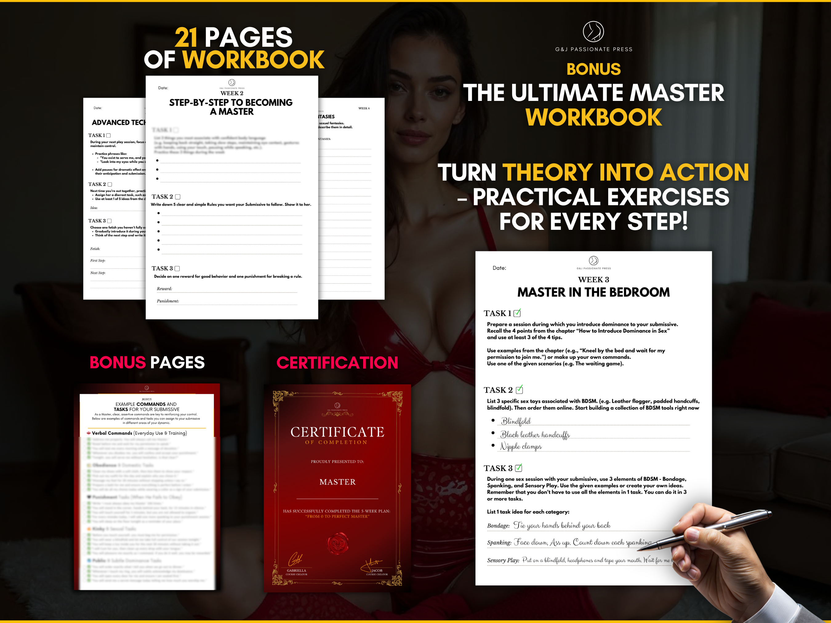 Guide to Become a Master workbook preview showing 21 workbook pages, bonus pages, exercises, and certification for Master training