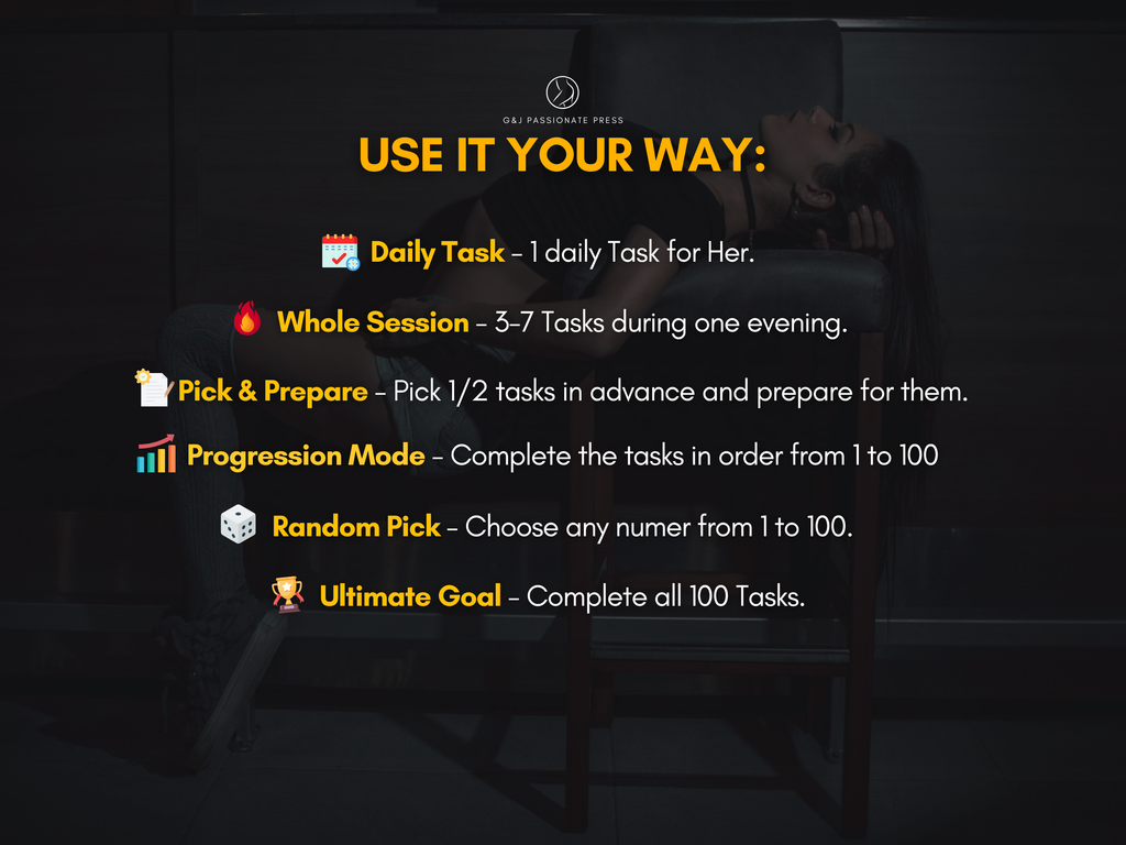 100 Anal Sex Tasks play guide graphic showing daily task, whole session, pick and prepare, progression mode, random pick, and ultimate goal options