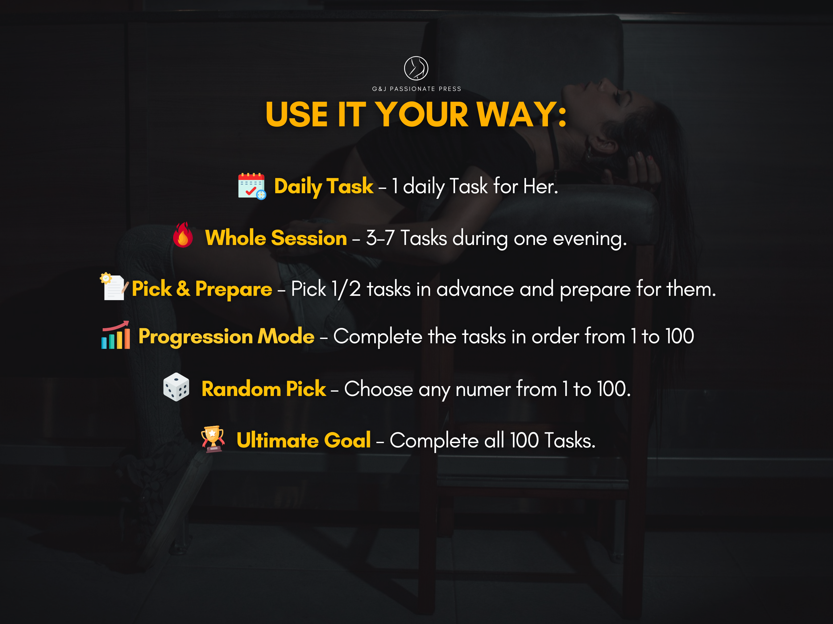 100 Anal Sex Tasks play guide graphic showing daily task, whole session, pick and prepare, progression mode, random pick, and ultimate goal options