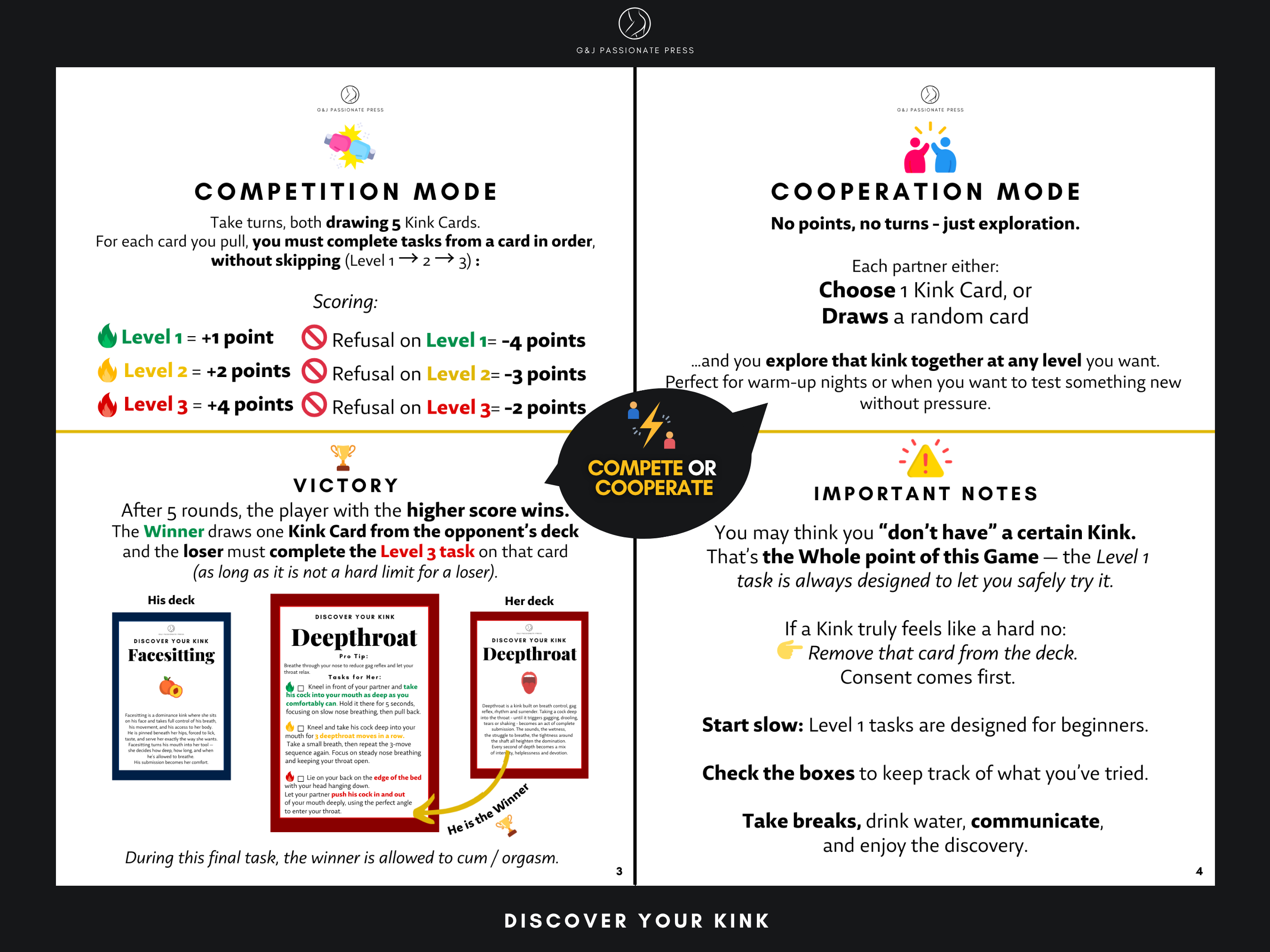 Discover Your Kink card game rules showing competition mode, cooperation mode, scoring, and important consent notes