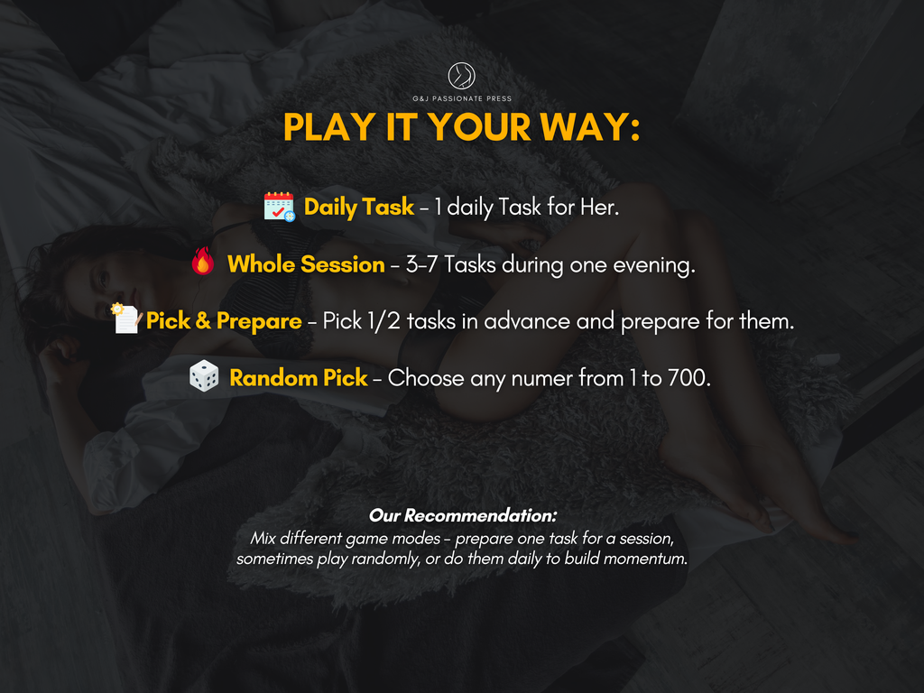 700 Sex Tasks play guide graphic showing daily tasks, whole sessions, pick and prepare mode, and random task selection