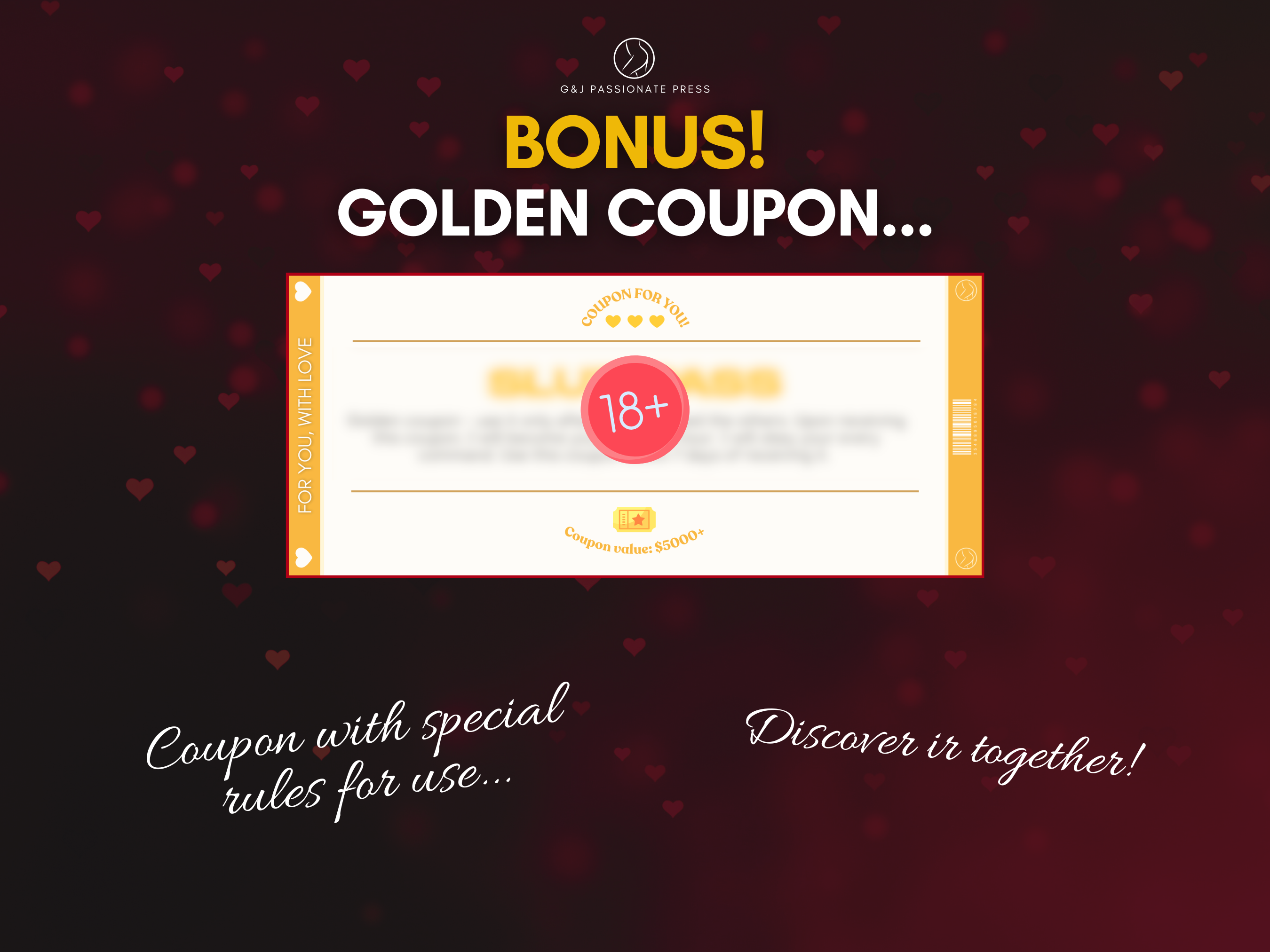 Bonus golden coupon graphic with a blurred 18+ coupon preview and romantic heart background for a couples coupon book